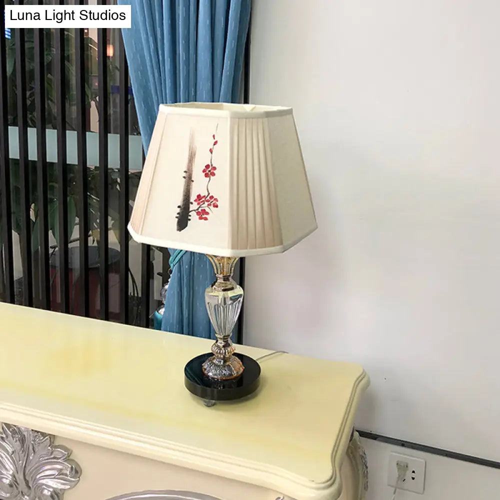 1-Light Panel Bell Table Lamp With Floral Painting Design - Contemporary Bedroom Lighting Clear