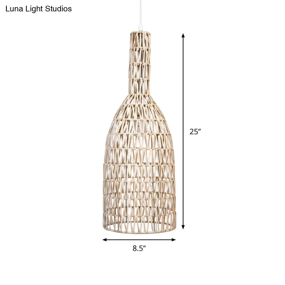 Khaki Bamboo Rattan Pendant Lighting - Asian 1-Light Bottle Ceiling Hang Fixture