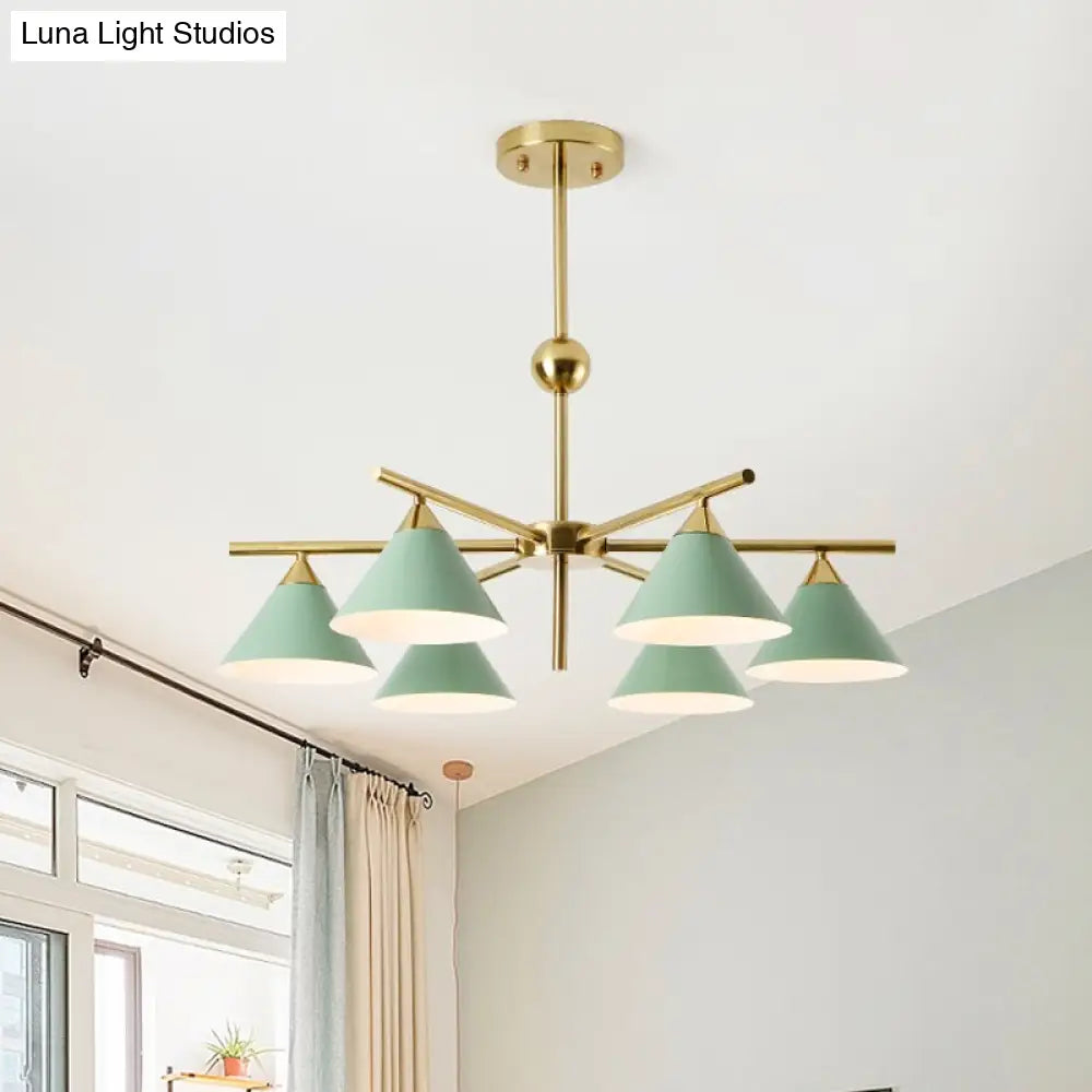 Kid Bedroom 6-Head Macaron Candy Colored Chandelier: Metallic Pyramid Design Hanging Light