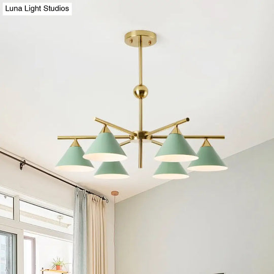 Kid Bedroom 6-Head Macaron Candy Colored Chandelier: Metallic Pyramid Design Hanging Light