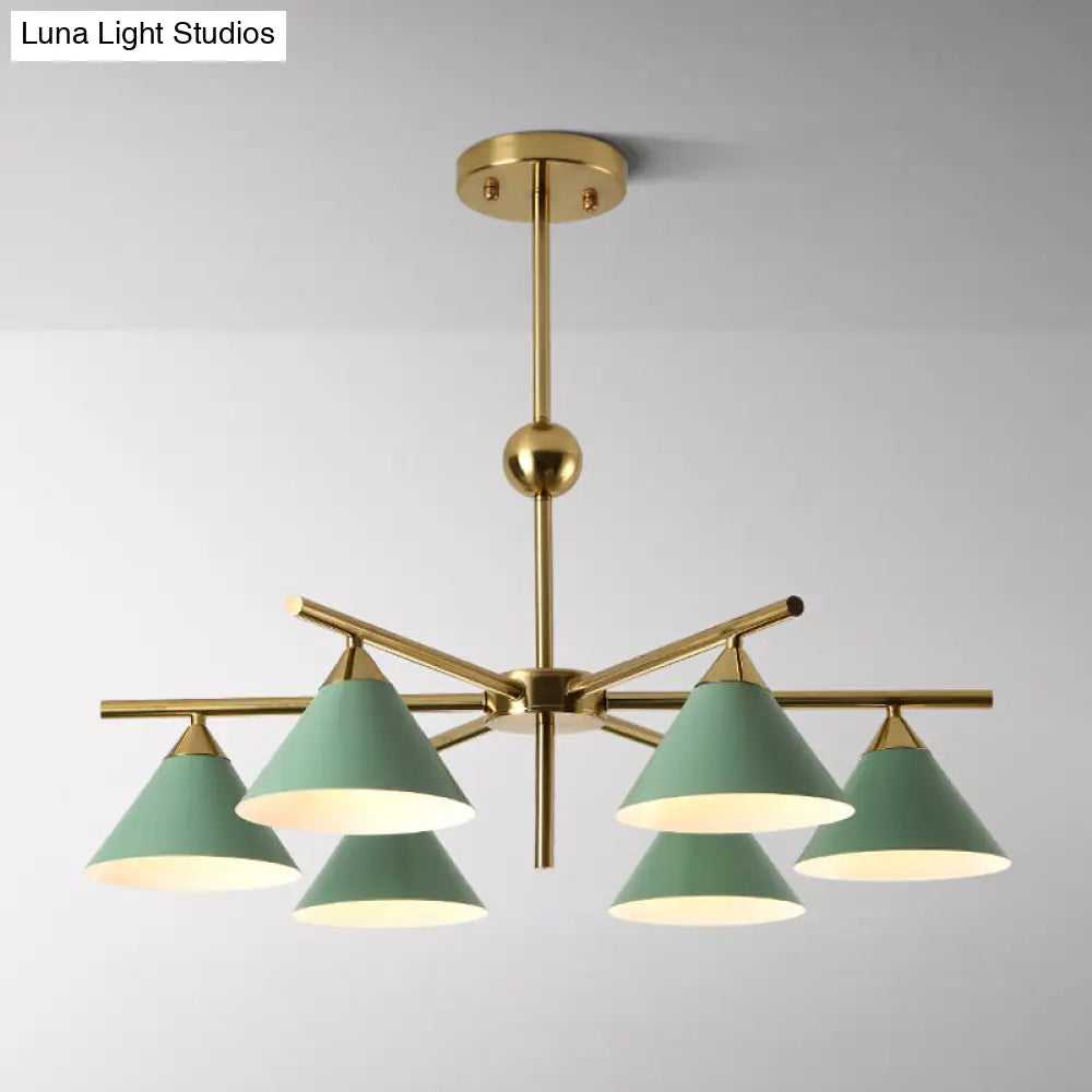 Kid Bedroom 6-Head Macaron Candy Colored Chandelier: Metallic Pyramid Design Hanging Light