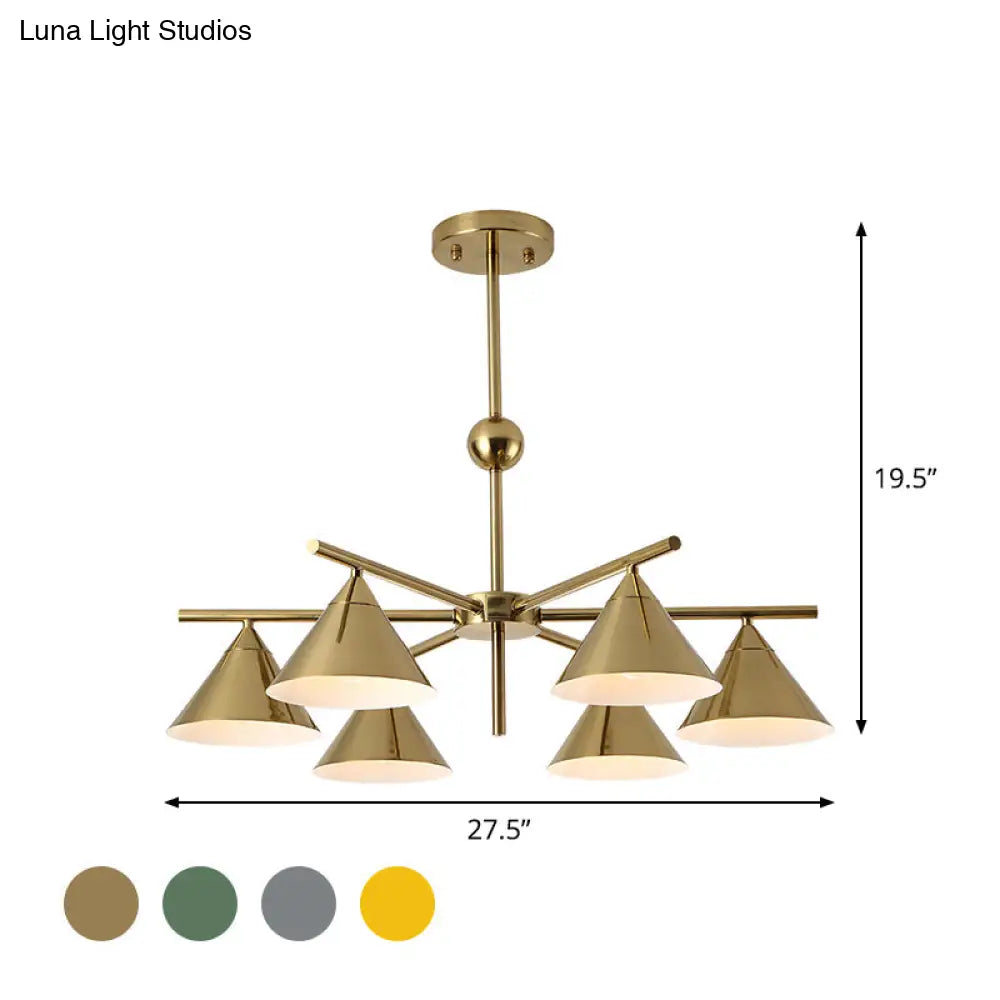 Kid Bedroom 6-Head Macaron Candy Colored Chandelier: Metallic Pyramid Design Hanging Light