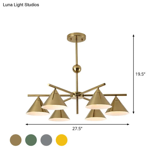 Kid Bedroom 6-Head Macaron Candy Colored Chandelier: Metallic Pyramid Design Hanging Light