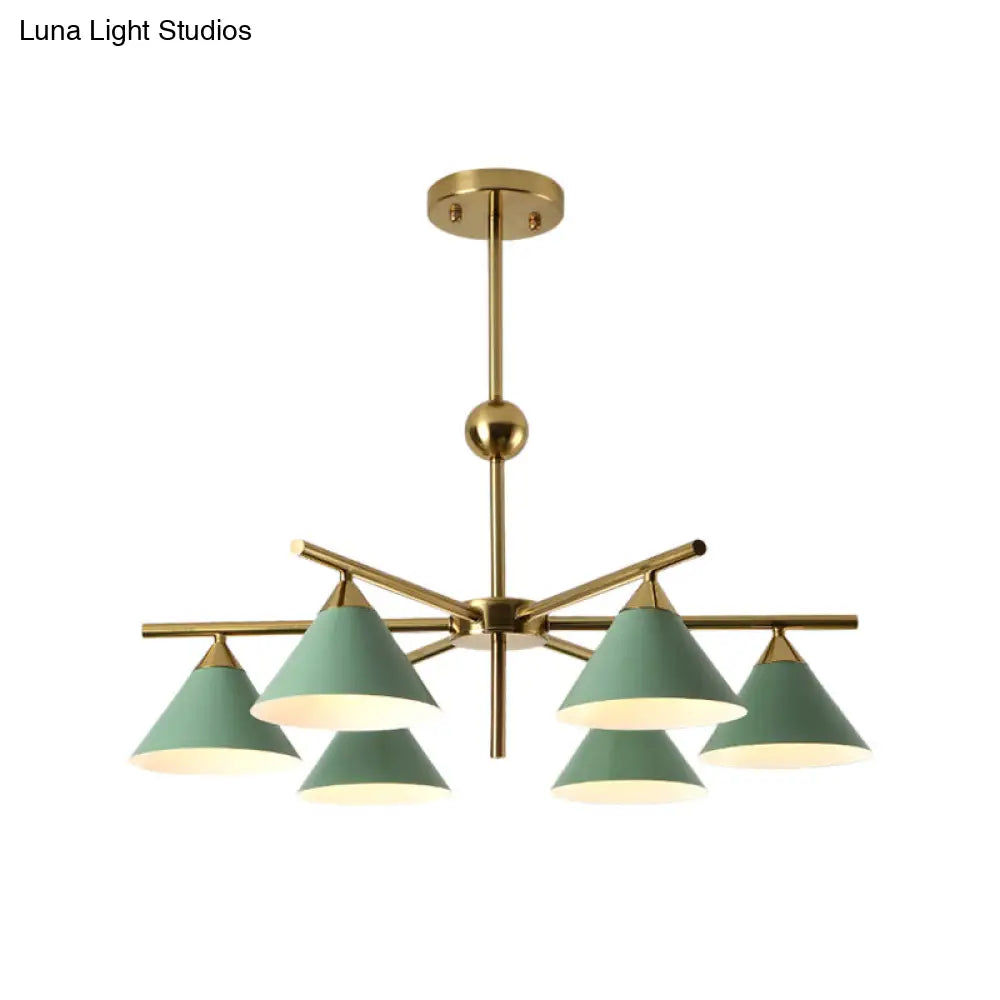 Kid Bedroom 6-Head Macaron Candy Colored Chandelier: Metallic Pyramid Design Hanging Light