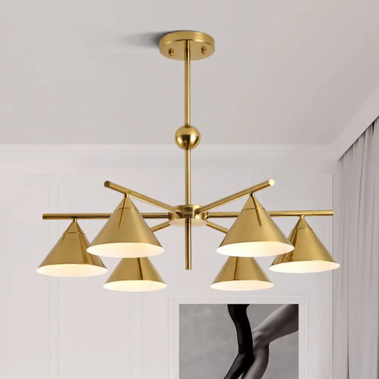 Kid Bedroom 6-Head Macaron Candy Colored Chandelier: Metallic Pyramid Design Hanging Light Gold