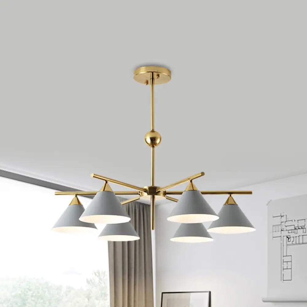 Kid Bedroom 6-Head Macaron Candy Colored Chandelier: Metallic Pyramid Design Hanging Light Grey