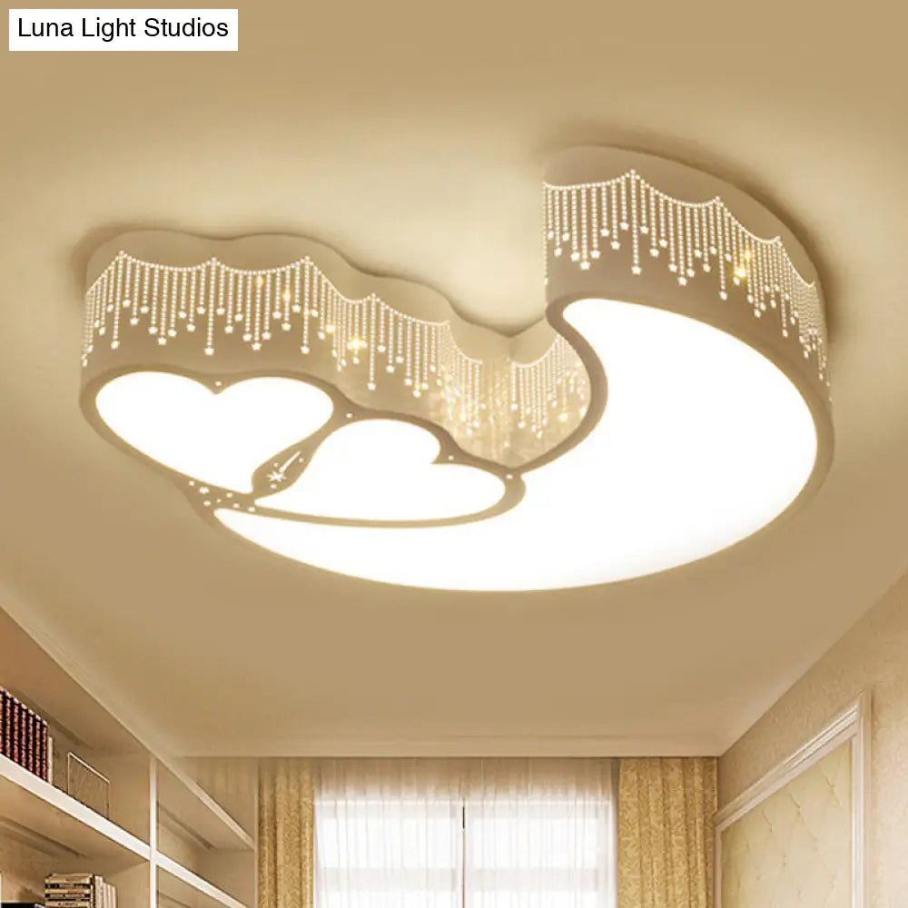 Kid Bedroom Led Flush Ceiling Lamp - Contemporary Heart & Crescent Design In White
