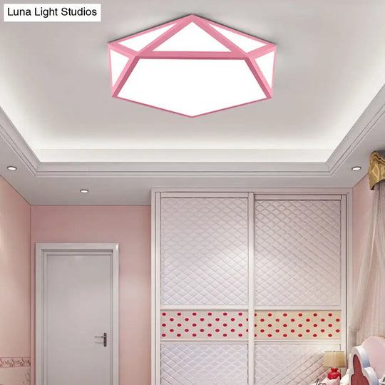 Kid Bedroom Macaron Acrylic Pentagon Ceiling Light With Metal Guard - Space-Saving Loft Mount Pink /