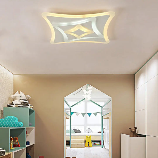 Kid Bedroom White Curved Ceiling Mount Acrylic Lamp - Contemporary Square Design / Warm