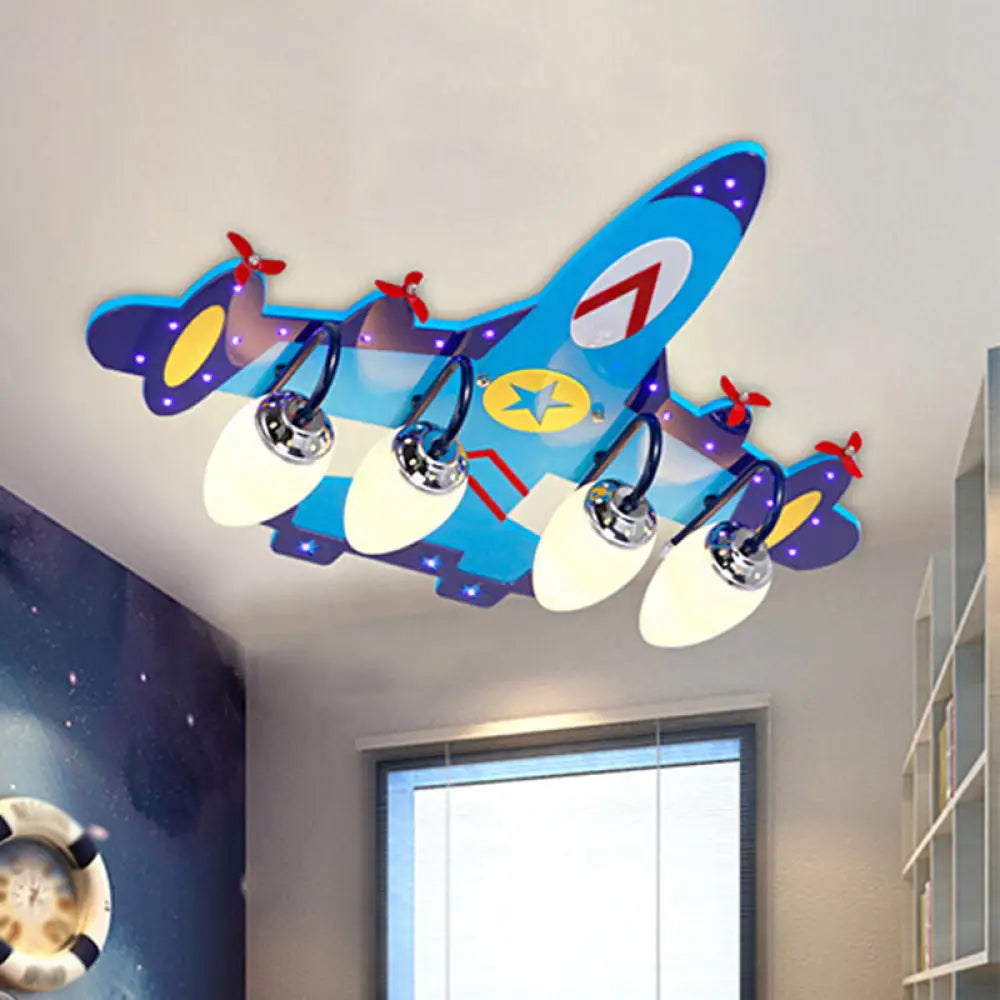 Kid Blue Plane Flush Mount Lamp With Opal Glass Shade - 4 - Bulb Bedroom Ceiling Fixture
