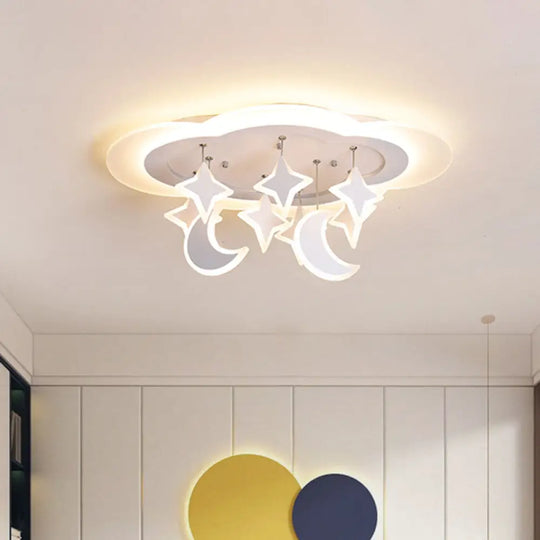 Kid-Friendly Acrylic Cloudy Led Flush Ceiling Light With Dangling Moon And Star - Warm/White Glow