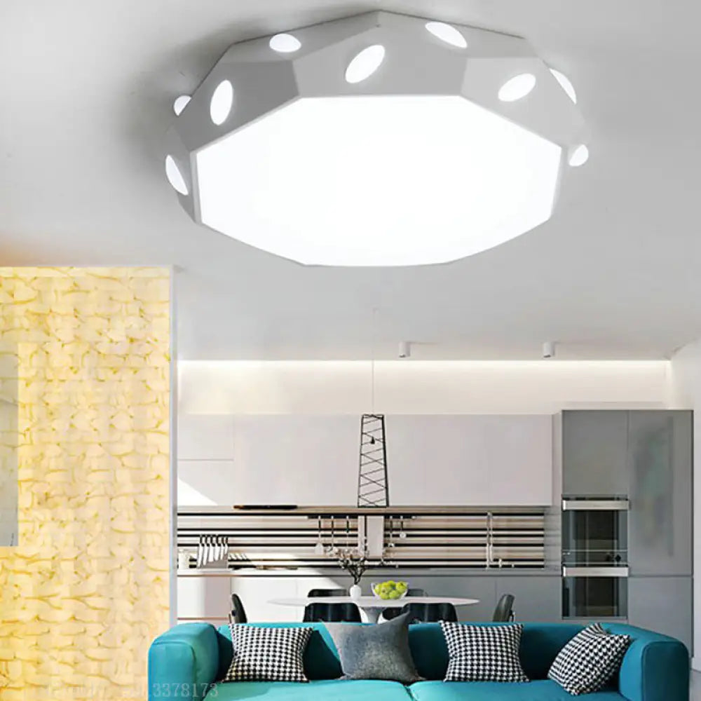 Kid’s Bedroom Octagon Shade Flush Ceiling Light With Leaf Macaron Design - Acrylic Led Lamp White
