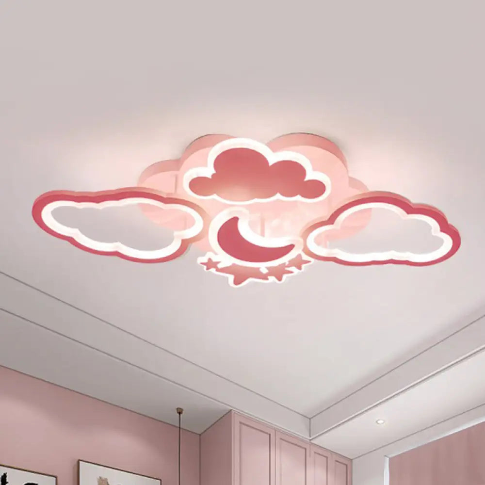 Kid’s Led Ceiling Light: Moonlit Starry Sky Semi Flush Mount For Bedroom - Pink/White Pink