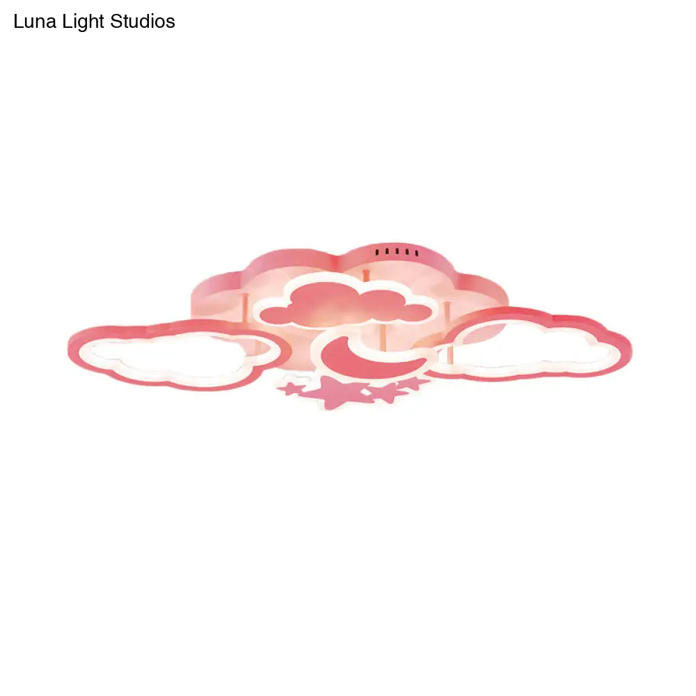 Kids Led Ceiling Light: Moonlit Starry Sky Semi Flush Mount For Bedroom - Pink/White