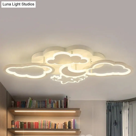 Kids Led Ceiling Light: Moonlit Starry Sky Semi Flush Mount For Bedroom - Pink/White White