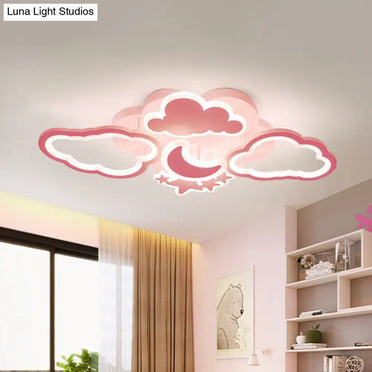 Kids Led Ceiling Light: Moonlit Starry Sky Semi Flush Mount For Bedroom - Pink/White