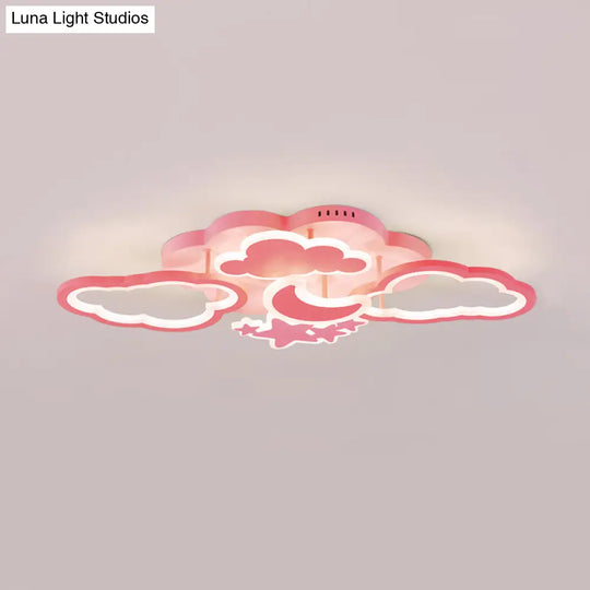 Kid’s Led Ceiling Light: Moonlit Starry Sky Semi Flush Mount For Bedroom - Pink/White