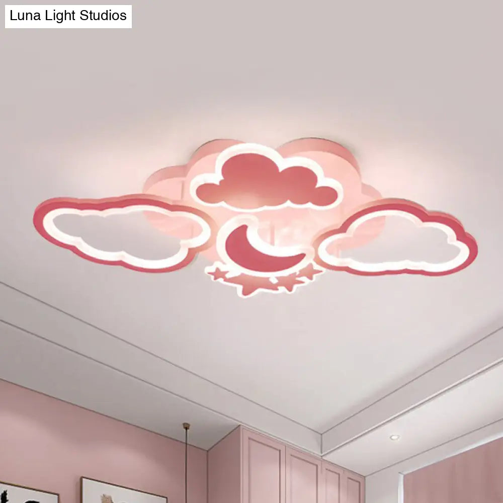 Kids Led Ceiling Light: Moonlit Starry Sky Semi Flush Mount For Bedroom - Pink/White Pink