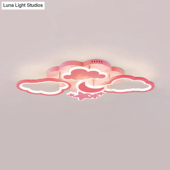 Kids Led Ceiling Light: Moonlit Starry Sky Semi Flush Mount For Bedroom - Pink/White