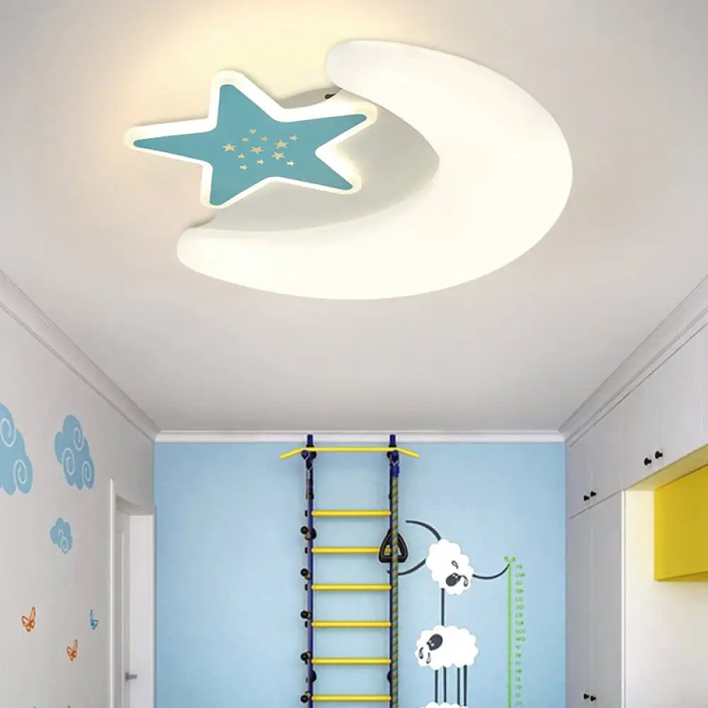 Kid’s Moon And Star Flush Mount Acrylic Led Ceiling Light Fixture: Pink/Blue Finish For Bedroom Blue