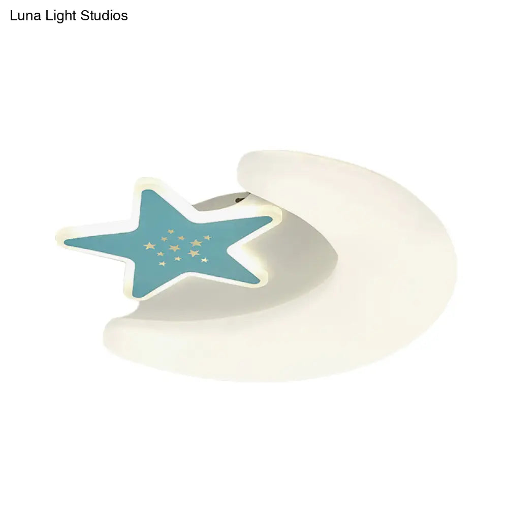 Kid’s Moon And Star Flush Mount Acrylic Led Ceiling Light Fixture: Pink/Blue Finish For Bedroom