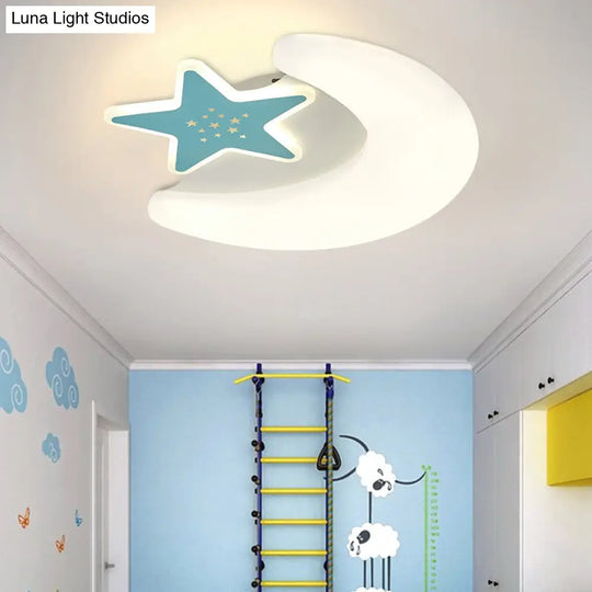 Kids Moon And Star Flush Mount Acrylic Led Ceiling Light Fixture: Pink/Blue Finish For Bedroom Blue