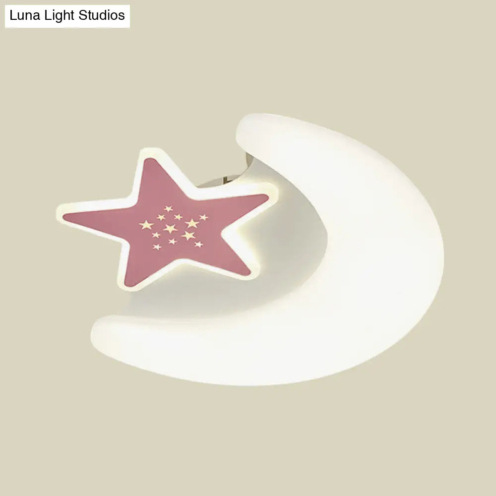 Kid’s Moon And Star Flush Mount Acrylic Led Ceiling Light Fixture: Pink/Blue Finish For Bedroom