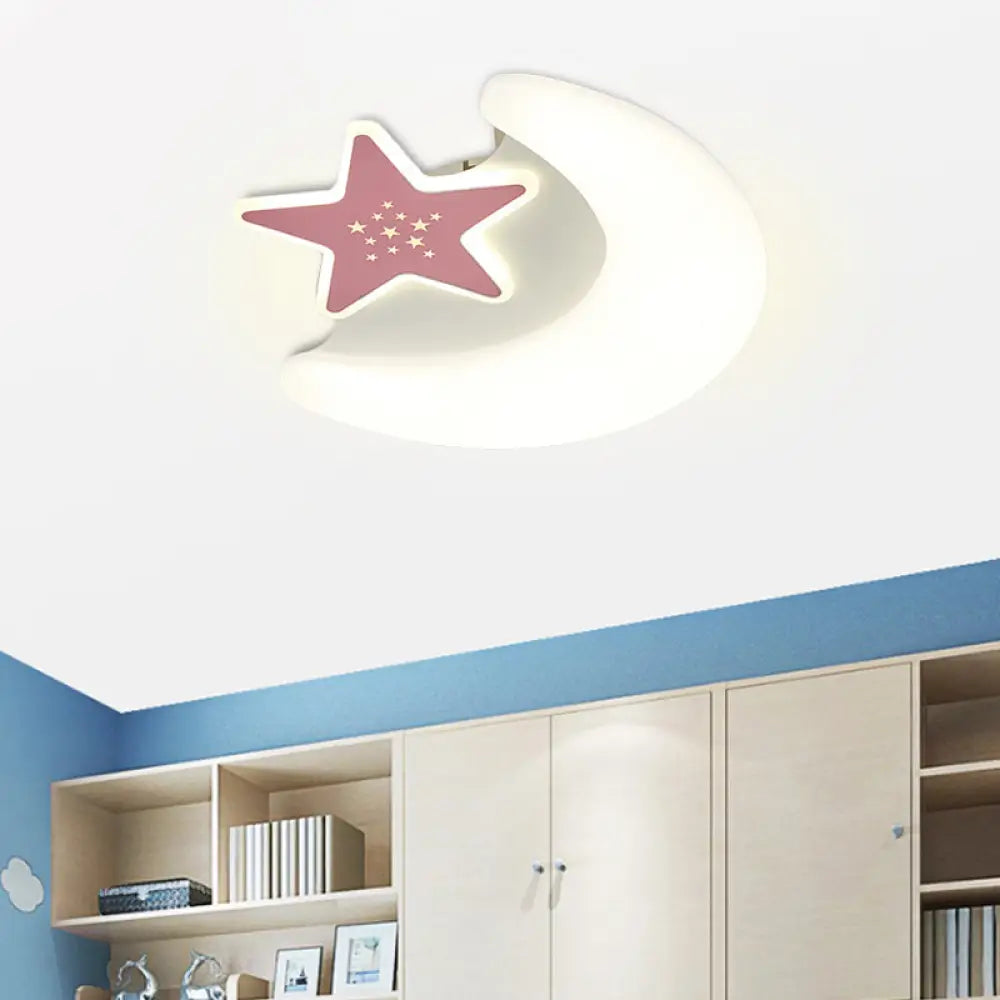 Kid’s Moon And Star Flush Mount Acrylic Led Ceiling Light Fixture: Pink/Blue Finish For Bedroom Pink
