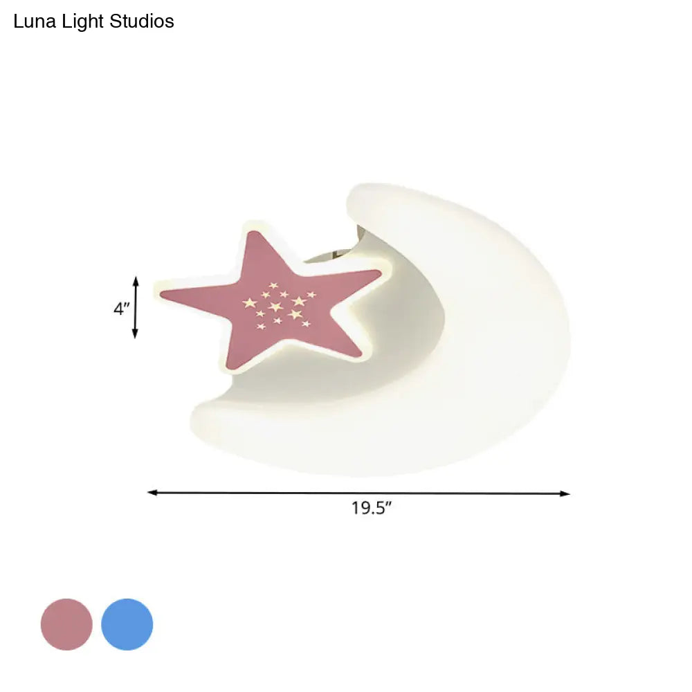 Kids Moon And Star Flush Mount Acrylic Led Ceiling Light Fixture: Pink/Blue Finish For Bedroom