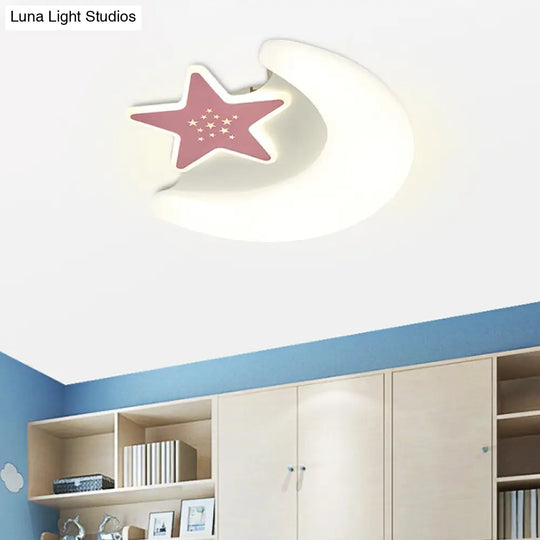 Kids Moon And Star Flush Mount Acrylic Led Ceiling Light Fixture: Pink/Blue Finish For Bedroom Pink