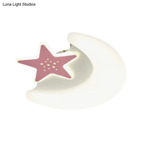 Kid’s Moon And Star Flush Mount Acrylic Led Ceiling Light Fixture: Pink/Blue Finish For Bedroom