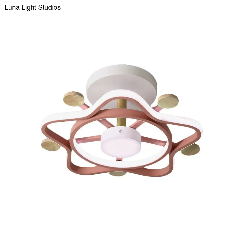 Kid’s Pink/Blue Wood Pentagram Led Semi Flush Light - Ceiling Lighting For Baby Room In Warm/White
