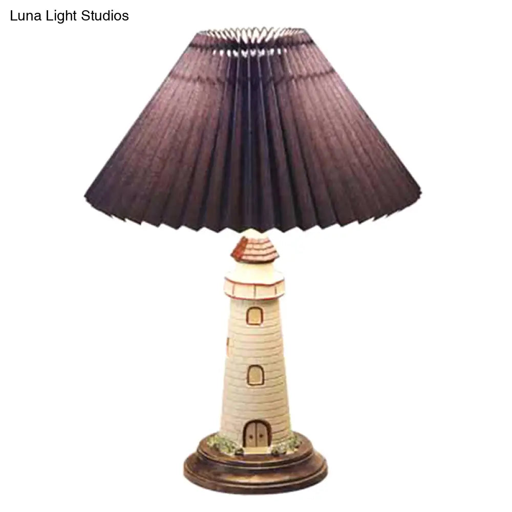 Kids 1-Light Pvc Pleated Shade Table Lamp With Lighthouse Pedestal - Nightstand Ambience!