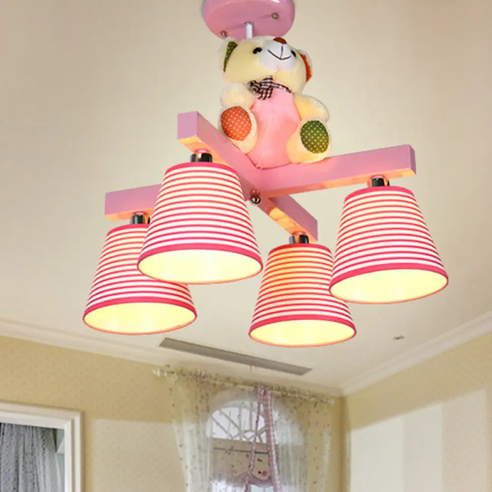Kids’ 4-Bulb Pink Barrel Semi-Mount Fabric Ceiling Lamp With Bear Decor