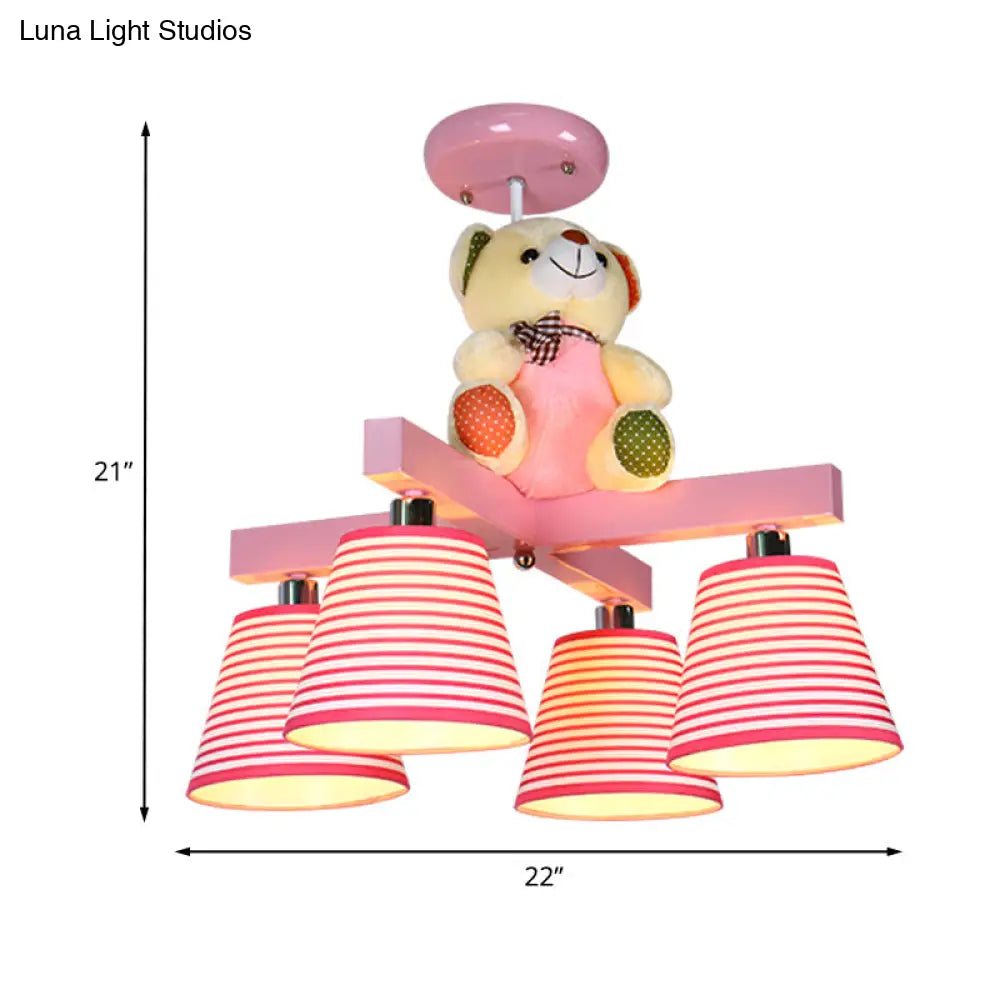 Kids’ 4-Bulb Pink Barrel Semi-Mount Fabric Ceiling Lamp With Bear Decor