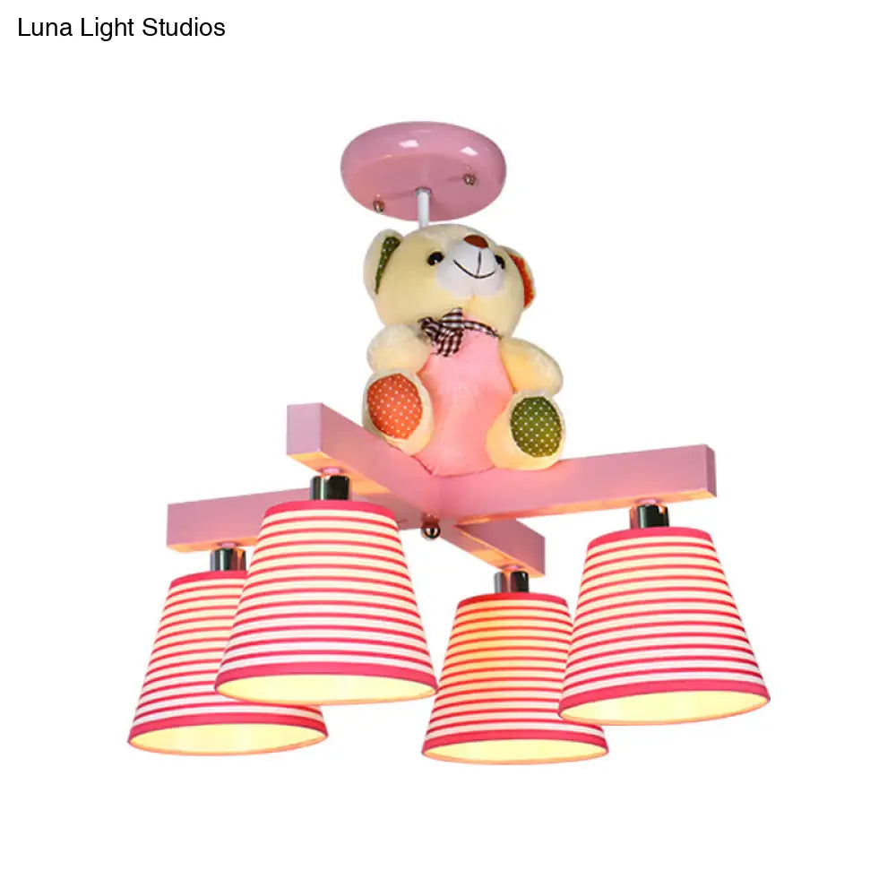 Kids 4-Bulb Pink Barrel Semi-Mount Fabric Ceiling Lamp With Bear Decor