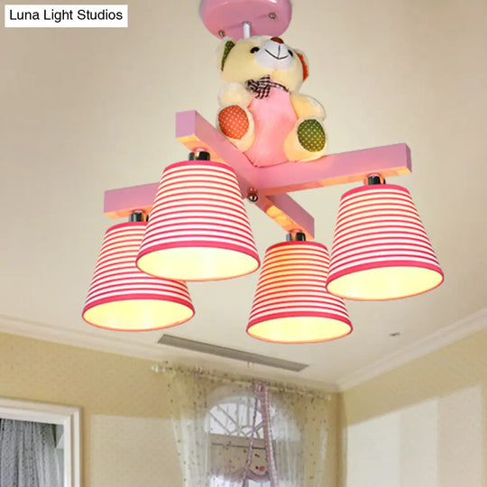 Kids 4-Bulb Pink Barrel Semi-Mount Fabric Ceiling Lamp With Bear Decor