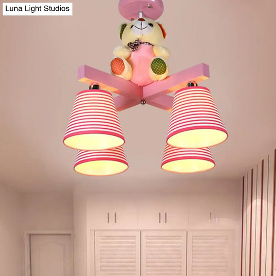 Kids 4-Bulb Pink Barrel Semi-Mount Fabric Ceiling Lamp With Bear Decor