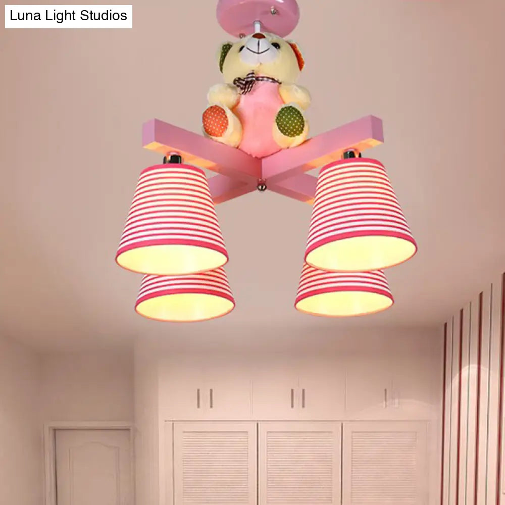 Kids’ 4-Bulb Pink Barrel Semi-Mount Fabric Ceiling Lamp With Bear Decor