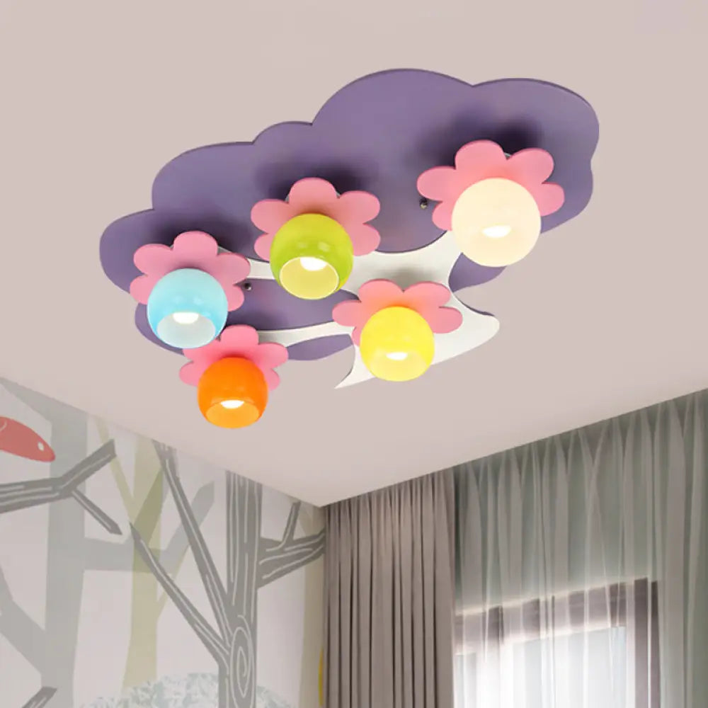 Kids 5-Light Semi Flush Purple Blossom Tree Ceiling Lamp With Colored Glass Shade