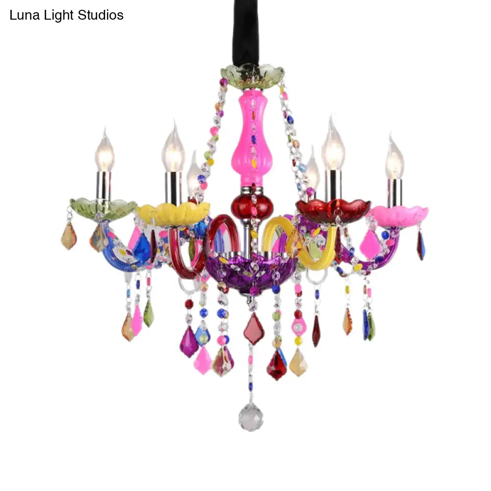 Kids 6-Light Glass Chandelier: Multi-Colored With Crystal Beads - Ideal For Kindergarten