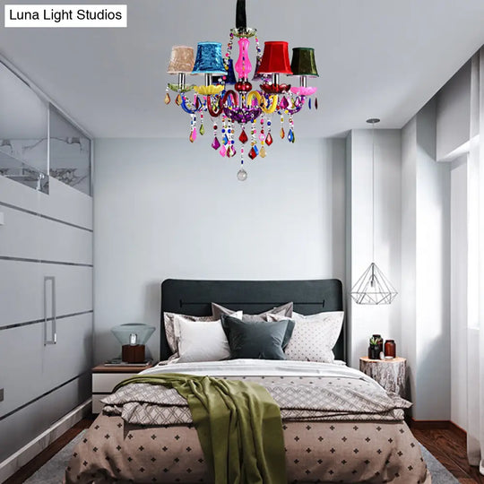 Kids 6-Light Glass Chandelier: Multi-Colored With Crystal Beads - Ideal For Kindergarten