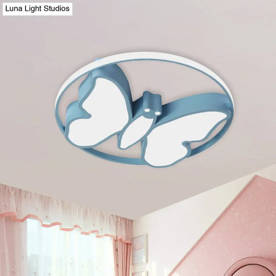 Kids Acrylic Led Butterfly Flush Mount Light With Glow Hoop In White/Pink/Blue