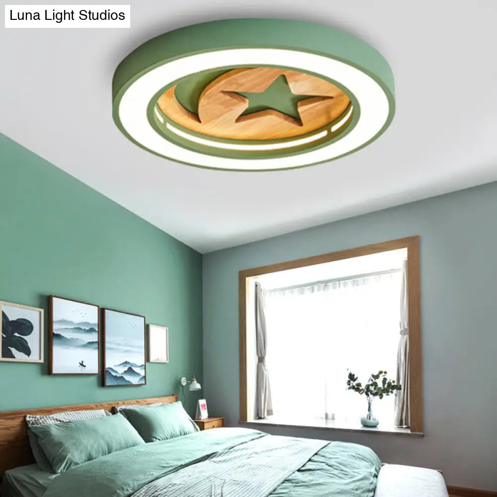 Kids Acrylic Modern Led Ceiling Lamp Slim Circle Design With Star Pattern Ideal For Bedroom Green