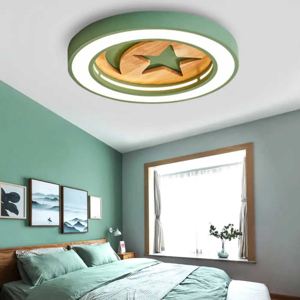 Kid’s Acrylic Modern Led Ceiling Lamp – Slim Circle Design With Star Pattern Ideal For Bedroom Green