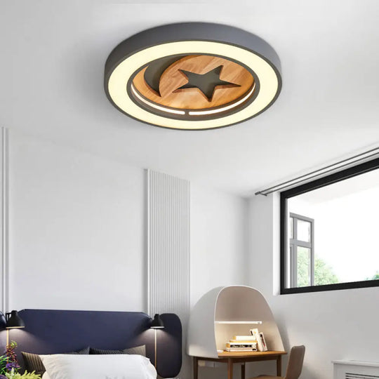 Kid’s Acrylic Modern Led Ceiling Lamp – Slim Circle Design With Star Pattern Ideal For Bedroom Grey