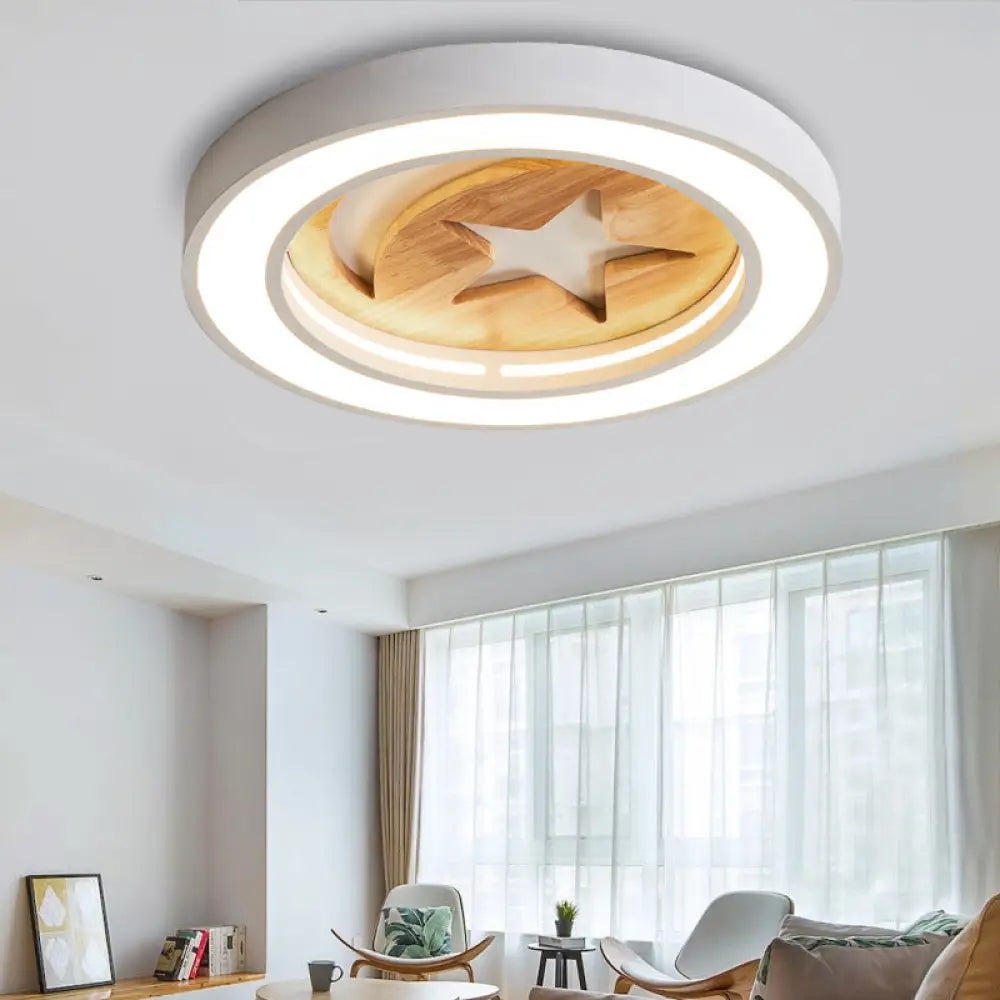 Kid’s Acrylic Modern Led Ceiling Lamp – Slim Circle Design With Star Pattern Ideal For Bedroom White
