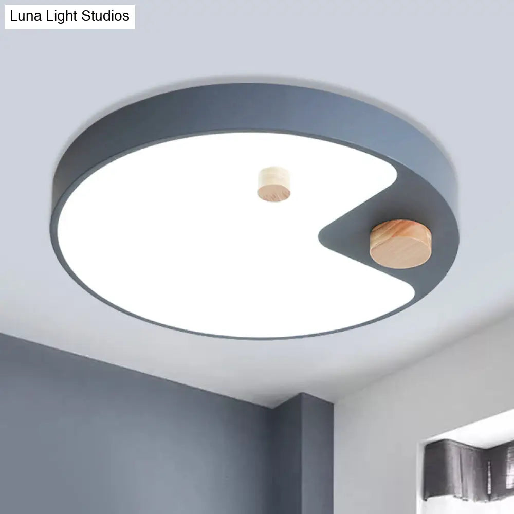 Kids Acrylic Ring Flush Mount Led Ceiling Light With Wood Decor - White/Grey/Blue Bedroom Lighting