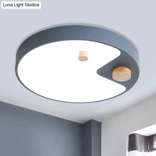 Kids Acrylic Ring Flush Mount Led Ceiling Light With Wood Decor - White/Grey/Blue Bedroom Lighting