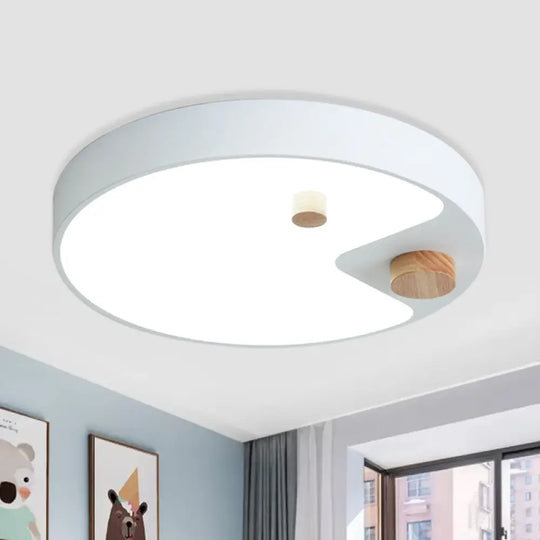 Kids Acrylic Ring Flush Mount Led Ceiling Light With Wood Decor - White/Grey/Blue Bedroom Lighting